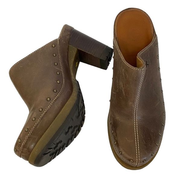 Dr Martens Una Brown Leather Chunky Heel Platform Clog Mule Shoe Sz 9 - Picture 2 of 16